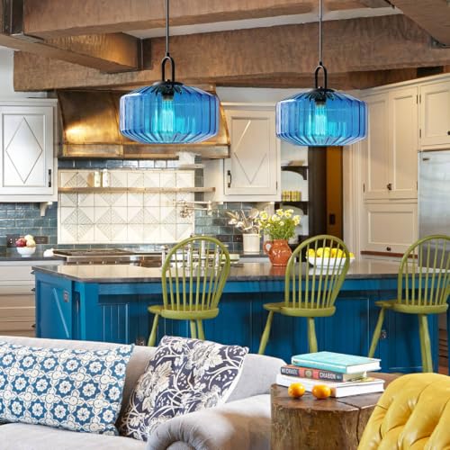 Glass Pendant Light Fixture Vintage Modern Pendant Lights with Blue Hand Blown Glass Shade Mid Century Black Adjustable Cord Ceiling Hanging Lighting for Dining Room Kitchen Island