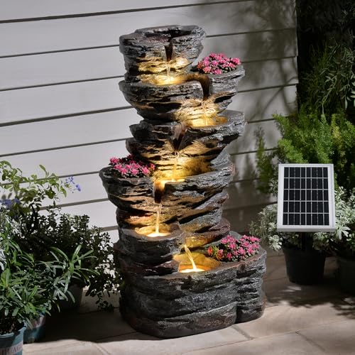 32.7" Tall Rock Solar Powered Water Fountain with LED Lights