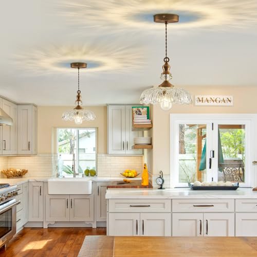 Vintage Glass Pendant Light Fixture Brass Modern Adjustable Chandelier Farmhouse Hanging Light for Hallway Porch Kitchen Bedroom Coffee Shop Dining Room Island