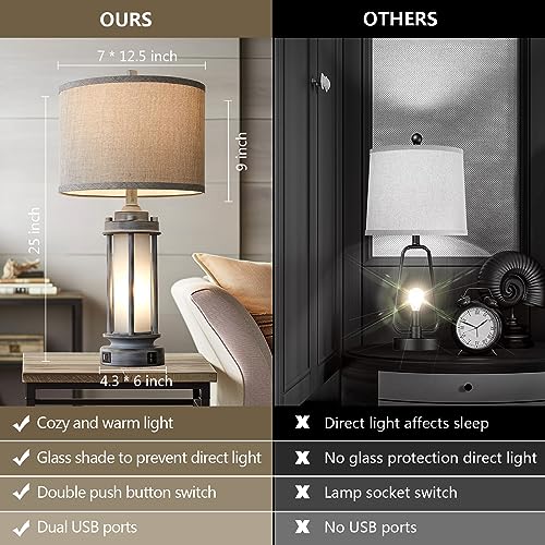 Set of 2 Rustic Table Lamps for Living Room with 2 USB C+A Ports (2 Count)