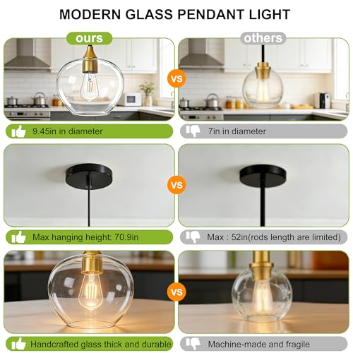 9.45in Black Gold Pendant Lights Kitchen Island with Clear Glass Shade 1PC