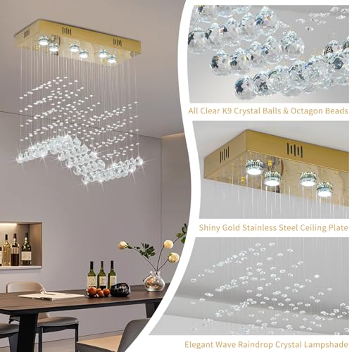 Modern Gold Wave Rectangular Chandelier for Dining Room Over Table