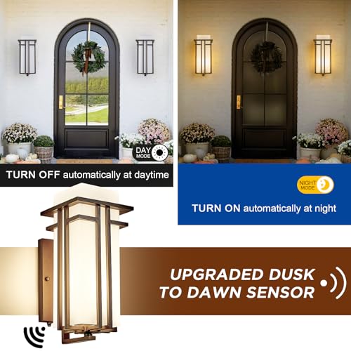 15.35"H Matte Brown Outdoor Wall Light Large Outdoor Wall Lantern Oil Rubbed Bronze Exterior Light Fixture Waterproof Metal with Frosted Glass Sconce Light for Porch Garage Front Door