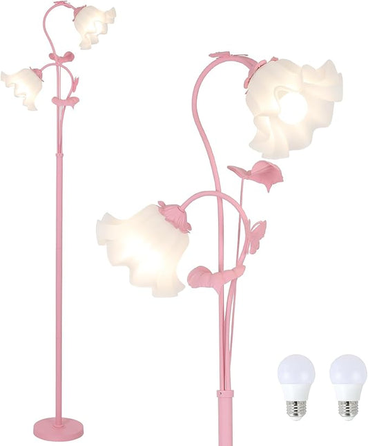 HMVPL Pink Flower Floor Lamp, Floral Standing Lamp with 2 LED 5W Blubs, Foot Switch, Modern Corner Tall Lamp with Acrylic Shade, Girls Cute Floor Lamp for Living Room Bedroom Office Kids Reading - Aura Lighting