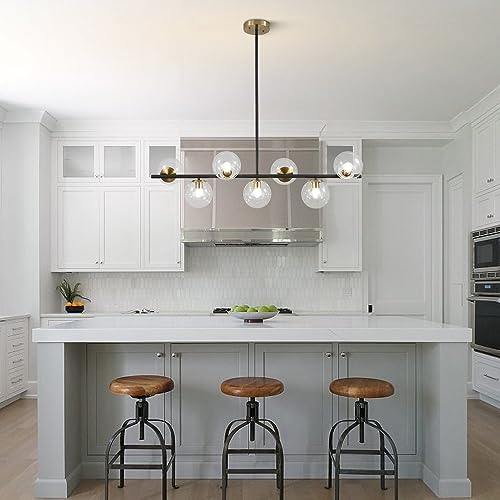 MCM 7 Light Brass Gold Linear Sputnik Chandelier with Clear Glass Shade