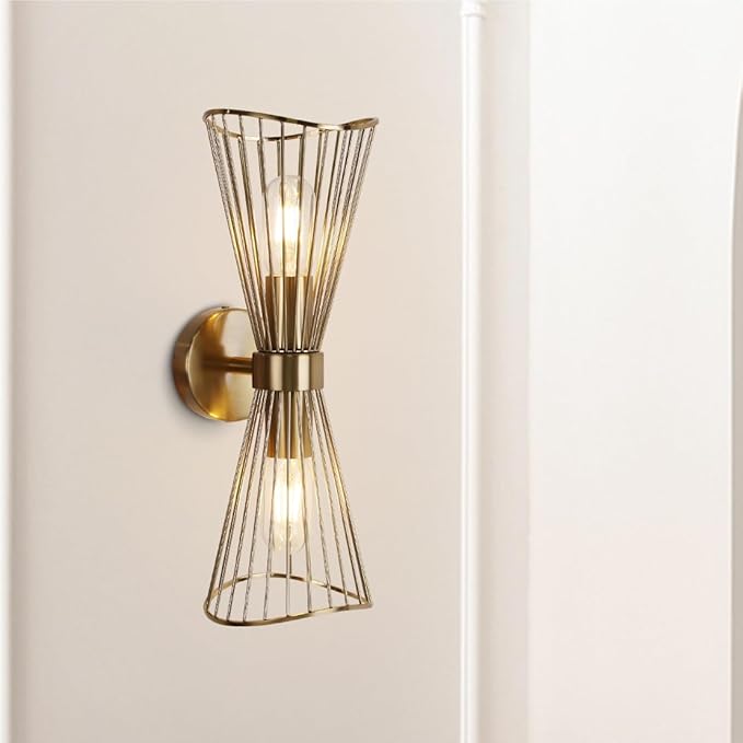 Brass Wall Sconces,Mid Century Wall Sconce Large 2 Light Vanity Light Hardwired Vintage Sconces Wall Lighting Fixtures for Bedroom Living Room Bathroom Hallway E26 - Aura Lighting