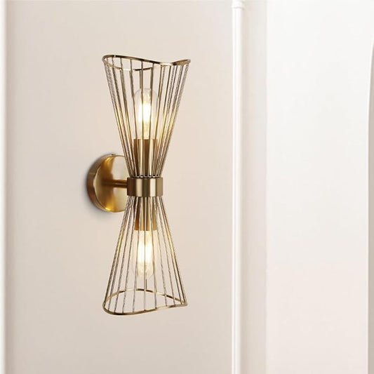 Brass Wall Sconces,Mid Century Wall Sconce Large 2 Light Vanity Light Hardwired Vintage Sconces Wall Lighting Fixtures for Bedroom Living Room Bathroom Hallway E26 - Aura Lighting