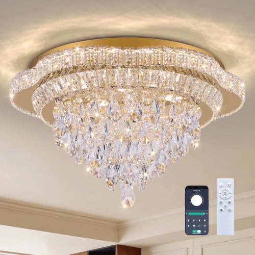 24" Gold Crystal Flush Mount Chandelier Modern LED Ceiling Light Fixture