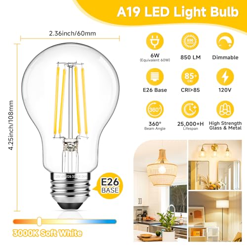 A19 Vintage LED Edison Bulbs Dimmable 60W Equivalent High Brightness (4 Count)