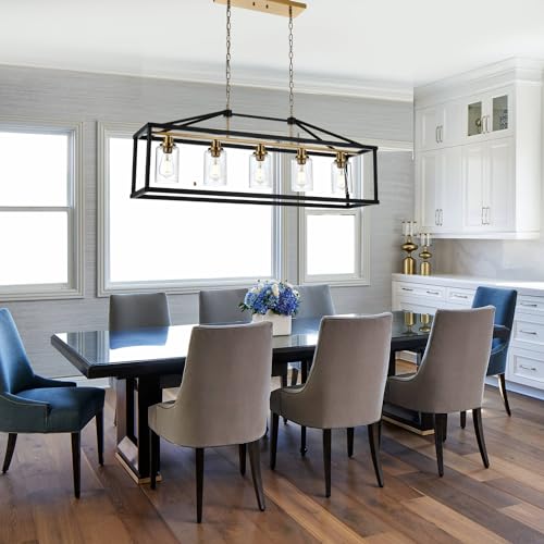 Rectangle 5 Lights Black Modern Dining Room Lighting Fixtures Hanging Over Table