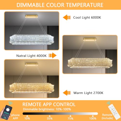 L40 x W12 Modern Chandeliers for Dining Room LED Dimmable Pendant Lighting Ceiling Chandelier Crystal Rectangle Light Fixtures Gold