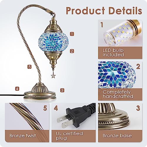 Turkish Moroccan Lamp with Bronze Base 3 Color Options Handmade Swan Neck Mosaic Glass Bedside Lamps for Bedroom