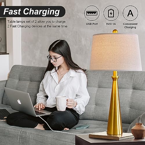 25.75" 3 Way Dimmable Touch Control Modern USB Table Lamp Set of 2 for Living Room Bed Room Bedside Nightstand Lamps Fabric Shade Vintage Accent Light Gold Antique Brass (2 Count)
