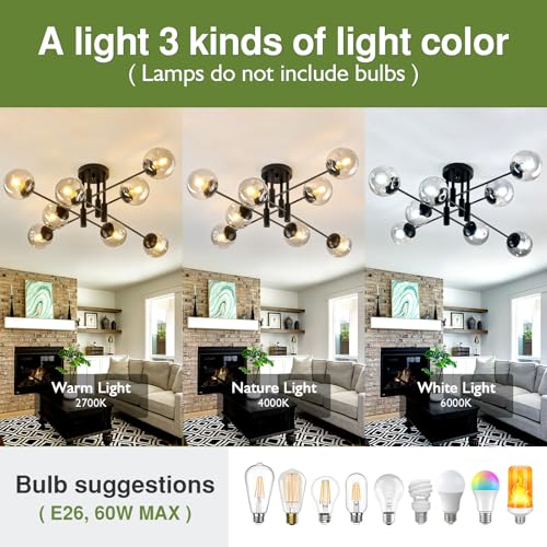 8 Light Glass Globe Ceiling Light Black Mid Century Flush Mount Sputnik Light Fixture Bubble Chandelier Living Room Farmhouse for Dining Room Kitchen Bedroom