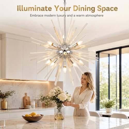 31.5" 12 Light Crystal Sputnik Chandelier Modern Adjustable Firework Globe High Ceiling Fixture for Living Room