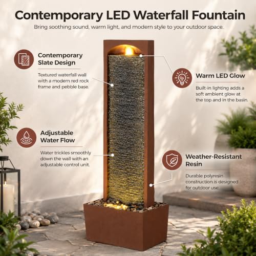 38.5" Faux Slate Contemporary Outdoor LED Waterfall Fountain with Pebble Base