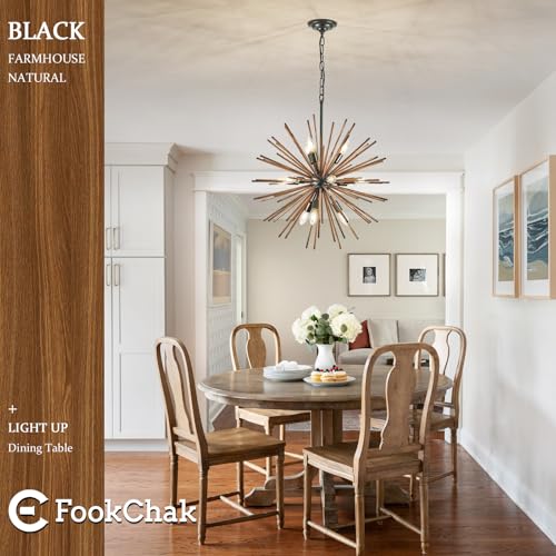 Black Wood Sputnik Chandeliers 12 Light Starburst Light Fixture Solid Wood