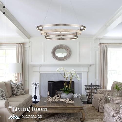 3 Ring LED Chandelier Modern Chandelier Weathered Wood Nickel Dimmable 24''
