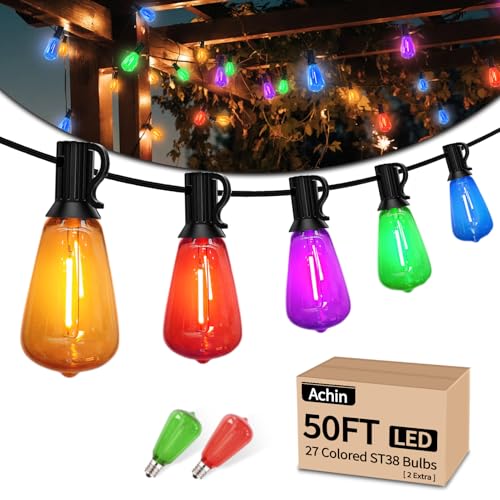 50FT Outdoor String Lights Multicolor Patio Lights Waterproof with 25+2 LED ST38 Colored Bulbs Shatterproof