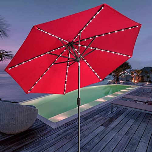 USA 10-Year-Non-Fading 9ft Market Patio Umbrella, Commercial Grade Table Sun Umbrella with 80 Solar LED Lights, Crank Open, Windproof & UPF 50+ UV Protection for Garden, Deck, Pool, Backyard, Logo Red