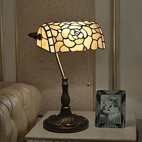 Rose Bankers Lamp Tiffany Vintage Table Lamp Stained Glass Beige Rose Lampshade Table Light Piano Desk Lamp Bedroom Bedside Lamp for Livingroom Office Study