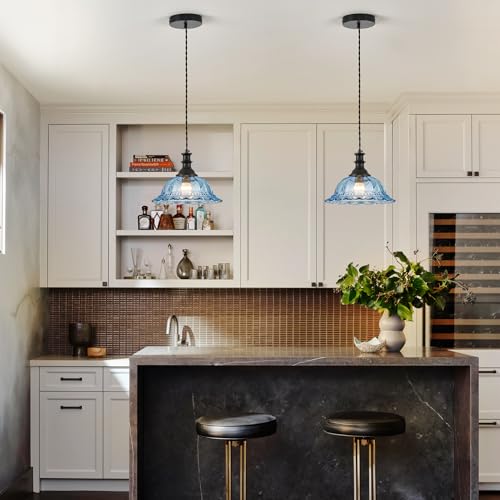 Glass Pendant Lights Modern Pendant Lighting Fixtures Hanging Lamp for Kitchen Island Bedroom Dining Room Coffee Shop Hallway Blue and Black 2 Pack (2 Count)
