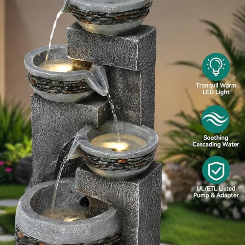 4 Tier Outdoor Water Fountain with Pebble Texture and LED Lights