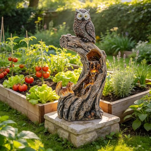 32" H Owl Tree Trunk Outdoor Fountain with Warm LED Lights