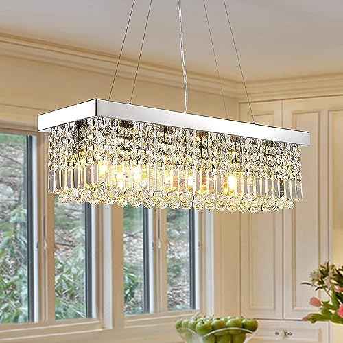 6-Light Modern Crystal Chandelier for Dining Room, Rectangular K9 Crystal Raindrop Chandelier, Rectangle Pendant Ceiling Light Fixture for Living Room Kitchen Island L31.5'' x W10'' x H10''