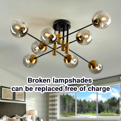 8 Light Glass Globe Ceiling Light Black and Gold Mid Century Flush Mount Sputnik Light Fixture Bubble Chandelier Living Room Farmhouse for Dining Room Kitchen Bedroom