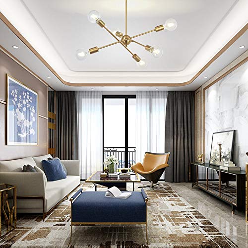 Modern Sputnik Chandelier Lighting 6 Lights Brushed Brass Chandelier Mid Century Pendant Lighting Gold Ceiling Light Fixture for Hallway Bar Kitchen Dining Room