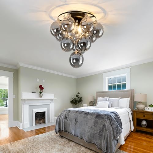 Modern Sputnik Ceiling Light Fixture 2 Light Flush Mount Chandelier with 11 Glass Globe Black Dining Room Light Fixture for Living Room Master Bedroom Kitchen Farmhouse