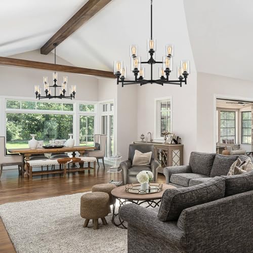 2-Tier 12-Light Large Black Farmhouse Chandeliers for Living Dining Room