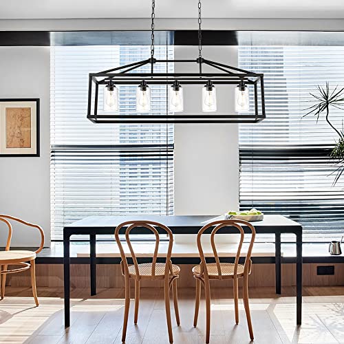 5 Light Farmhouse Chandelier Ceiling Hanging Dining Room Lighting Fixtures Matte Black Modern Pendant Lighting Industrial Rectangular Kitchen Island Chandelier Fixture with Seeded Glass Shade