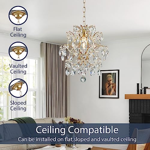Gold Modern Pendant Chandelier Crystal Raindrop Lighting Ceiling Light Fixture Lamp for Dining Room Bathroom Bedroom Livingroom entryway 1 E26 Bulbs Required D13 in x H16 in