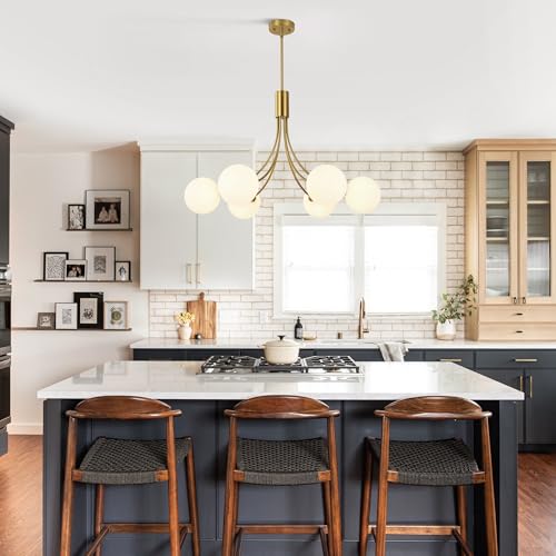 6 Light Modern Gold Sputnik Chandelier Mid Century Brushed Brass Light Fixture with Milk Glass Globes for High Ceiling Dining Room Kitchen Island Living Room