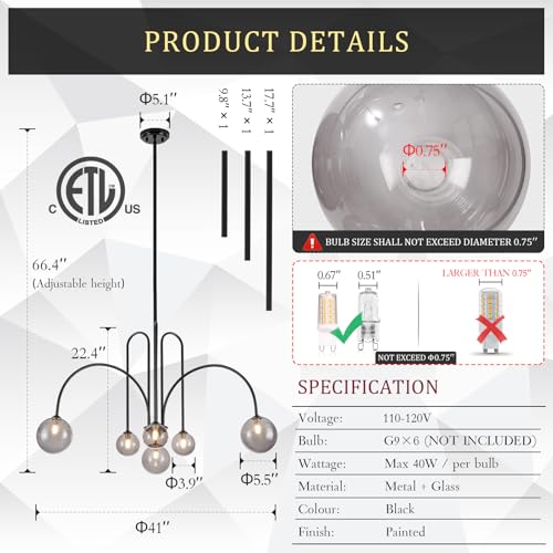 Modern 40" 6 Light Black Sputnik Chandelier with Smoke Glass Globe