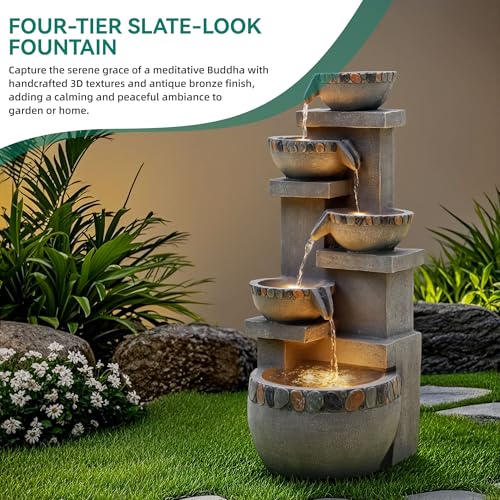 4 Tier Outdoor Water Fountain Outdoor with Pebbles and Warm LED Lights