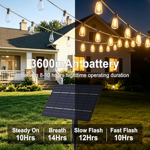 50FT Solar String Lights Outdoor with 32 LED Bulbs 1.5FT Bulbs Spacing