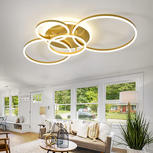 Modern LED Ceiling Light 90W Dimmable Ceiling Light Fixture with Remote Control 5 Rings Flush Mount Ceiling Light Gold Acrylic Chandelier LED for Living Room Bedroom Kitchen Light fixtures