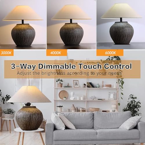 Rustic Farmhouse Table Lamp 20.8" Neutral Ceramic Table Lamp Brown White Checkered Ceramic with Linen Drum Shade Decor Bedside Nightstand for Living Room Bedroom