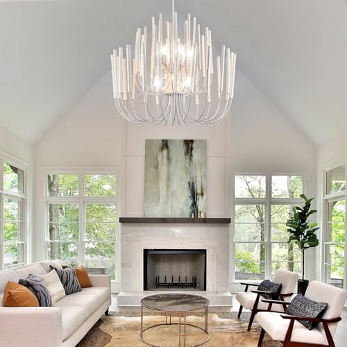 Extra Large Chandelier Farmhouse Whitewash Wood 32Inch Pendant Light