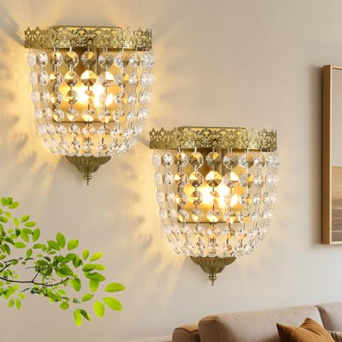 Vintage Crystal Wall Sconces Set of 2 Hardwired Brushed Brass Finish (2 Count)