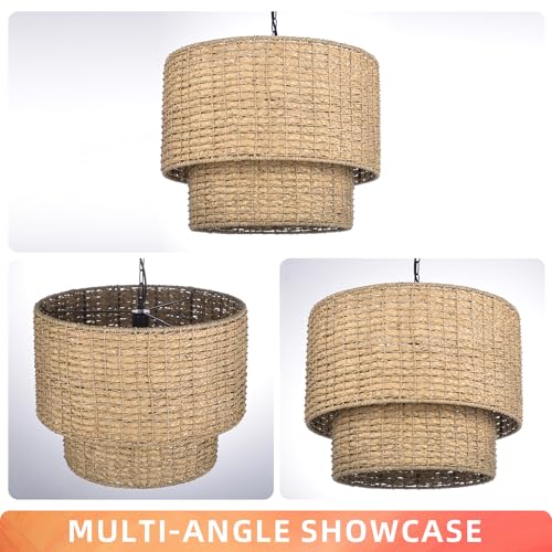 Large Rattan Chandelier Natural Woven Double Drum Pendant Light Vintage Ceiling Hanging Light Fixture for Kitchen Island Bedroom Hallway 23.62"