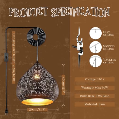 Plug in Pendant Light for Ceiling Black Hanging Light Moroccan Lamp