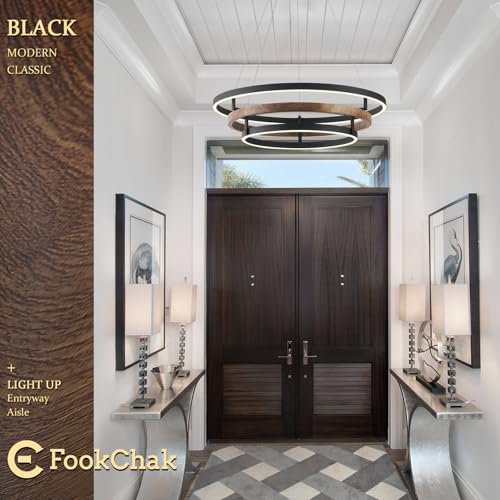 Modern LED Chandelier Black Wood Dimmable 3 Ring Foyer Entry Chandeliers