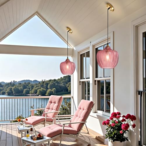 Pink Glass Pendant Lights Kitchen Island Gold Hanging Ceiling Light 9.45"