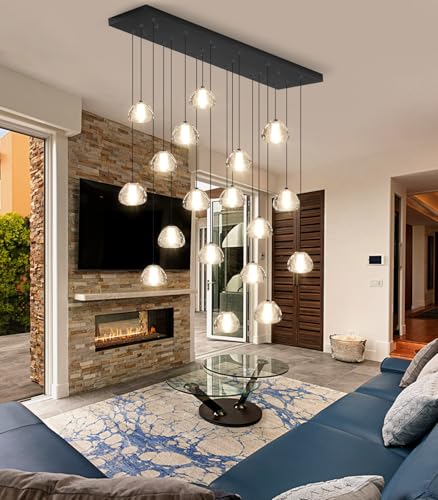Crystal Rectangular Chandeliers for Living Room Dining Room Light LED Pendant Lights Fixtures Lighting Chandelier for Foyer Entrance Black