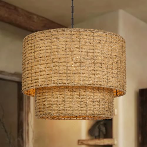 Large Rattan Chandelier Natural Woven Double Drum Pendant Light Vintage Ceiling Hanging Light Fixture for Kitchen Island Bedroom Hallway 23.62"