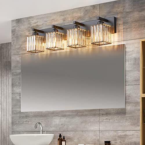 Modern 4 Light Black Crystal Bathroom Vanity Light Fixtures